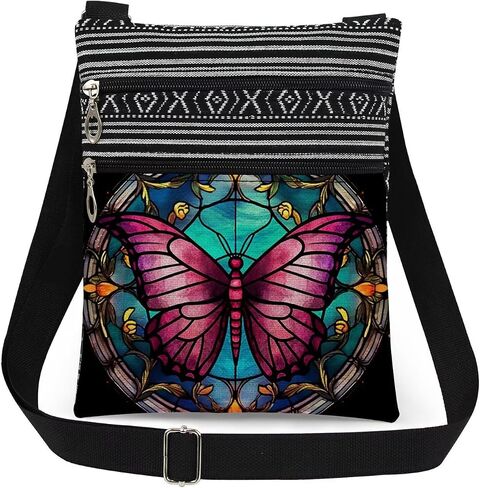 Stained-Glass Style Butterfly Crossbody Bag Women Adjustable Shoulder Strap Messenger Bag Men Travel Purse Birthday Gift Mother's Day Present​​ Christmas for Friend Nature Lover Adults in Saudi Arabia