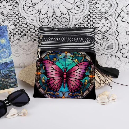 Stained-Glass Style Butterfly Crossbody Bag Women Adjustable Shoulder Strap Messenger Bag Men Travel Purse Birthday Gift Mother's Day Present​​ Christmas for Friend Nature Lover Adults in Saudi Arabia