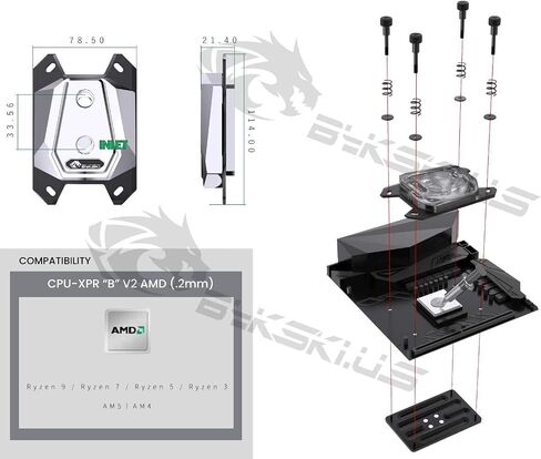 Bykski CPU-XPR-B-M-V2 CPU CPU COLLING COLLING-تتميز بزعانف عالية التدفق 0.2 مم-التصميم الهندسي-لـ AMD RYZEN 3/5/7/9 (AM4/AM5)-Black (POM) in Kuwait
