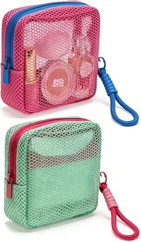 Small Makeup Bag, Mesh Cosmetic Pouch See Through with Detachable Hand Strap, Dopamine Color Partitioned Storage Organizer for Travel, Coin Purse & Cable Organizer (Deep Pink+Light Purple+Green) in Saudi Arabia