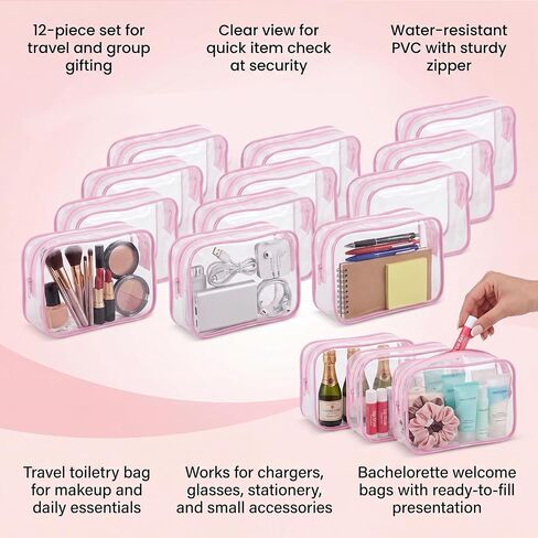 BESARME 12 Pcs Pink Clear Makeup Bags Bulk with Zipper, Clear PVC Travel Toiletry Bag Waterproof Cosmetic Bag for Women Party Favors Bachelorette Gifts for Bridesmaids in Kuwait