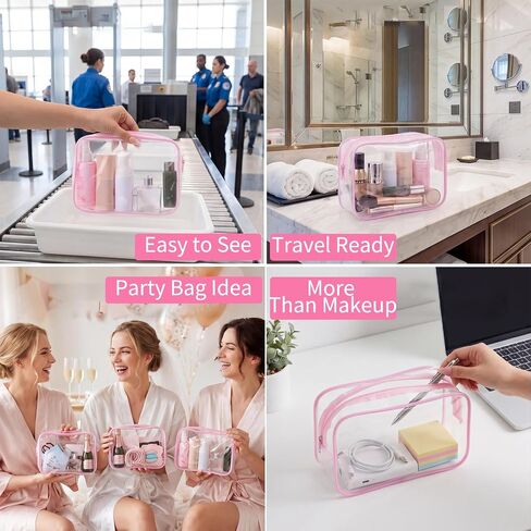 BESARME 12 Pcs Pink Clear Makeup Bags Bulk with Zipper, Clear PVC Travel Toiletry Bag Waterproof Cosmetic Bag for Women Party Favors Bachelorette Gifts for Bridesmaids in Kuwait