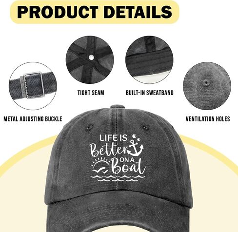 Funny Sailor Hats Life is Better on A Boat Printed Cotton Adjustable Baseball Caps Men's Distressed Washed Black Baseball Hats Trendy Birthday Gifts for Men Dad Friend Colleague Fisherman in Saudi Arabia