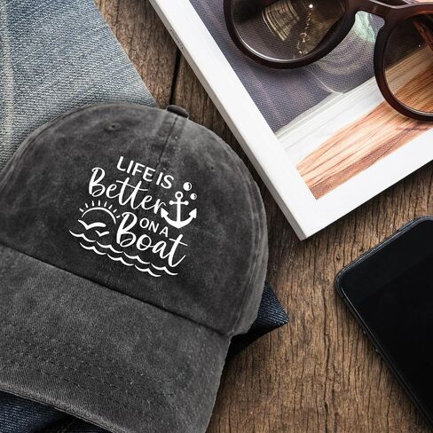 Funny Sailor Hats Life is Better on A Boat Printed Cotton Adjustable Baseball Caps Men's Distressed Washed Black Baseball Hats Trendy Birthday Gifts for Men Dad Friend Colleague Fisherman in Saudi Arabia