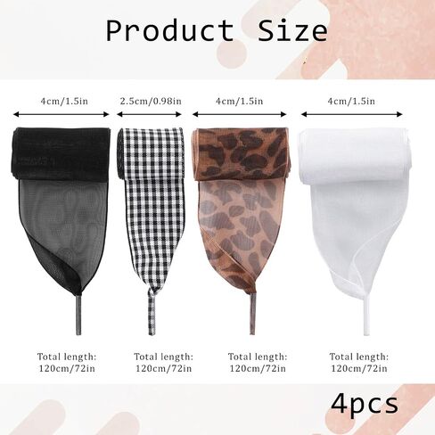 4Pairs Ribbon Shoe Laces for Women's Sneakers, Cute Style Colorful Satin Solving Boring Footwear Problem, Fashion Soft Satin Ribbon Shoelaces Black and White Silk Plaid Design Leopard Print 47 In Long in Saudi Arabia