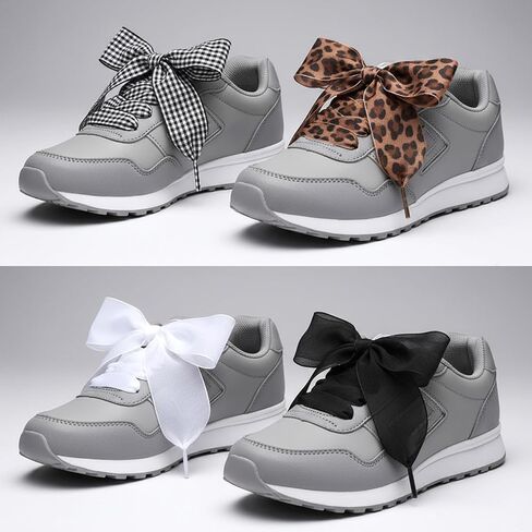 4Pairs Ribbon Shoe Laces for Women's Sneakers, Cute Style Colorful Satin Solving Boring Footwear Problem, Fashion Soft Satin Ribbon Shoelaces Black and White Silk Plaid Design Leopard Print 47 In Long in Saudi Arabia