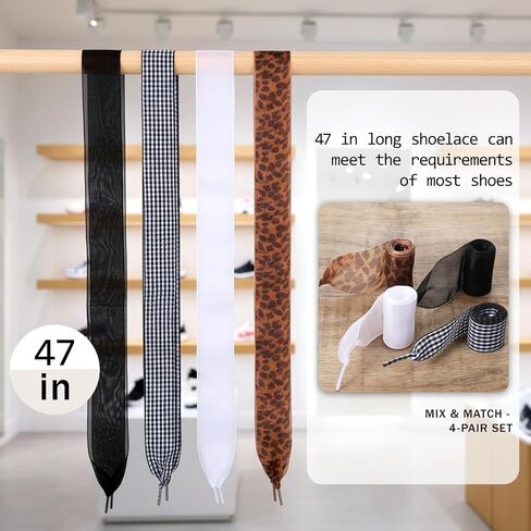 4Pairs Ribbon Shoe Laces for Women's Sneakers, Cute Style Colorful Satin Solving Boring Footwear Problem, Fashion Soft Satin Ribbon Shoelaces Black and White Silk Plaid Design Leopard Print 47 In Long in Saudi Arabia
