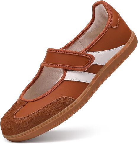 Women's Retro Mary Jane Slip On Sneakers Lightweight Non Slip Comfort Casual Walking Tennis Flats Brown EU42 in Saudi Arabia
