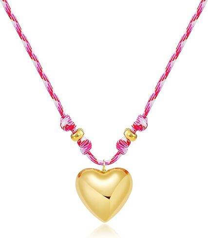 Chunky Gold Puffy Heart Pendant Necklace for Women, Y2K Preppy Pink Braided Cord Choker, 3D Big Love Heart Statement Jewelry, Adjustable Boho Woven Rope Necklace in Saudi Arabia