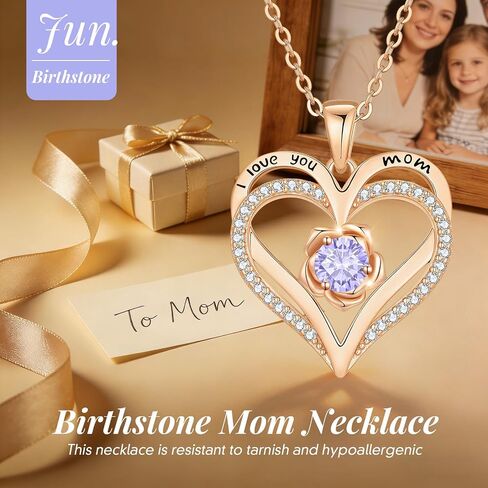 CDE I Love You Mom Heart Birthstone Necklace From Daughter Son Rose Jewelry Christmas Birthday Gifts for Women Grandma Nana New Mom in Saudi Arabia