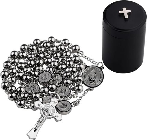 HanlinCC Stainless Steel Catholic Rosary Necklace with Gift Box with Saint Benedict Saint Michael Miraculous medal for Men and Women in Kuwait