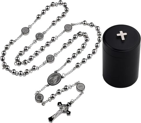 HanlinCC Stainless Steel Catholic Rosary Necklace with Gift Box with Saint Benedict Saint Michael Miraculous medal for Men and Women in Kuwait
