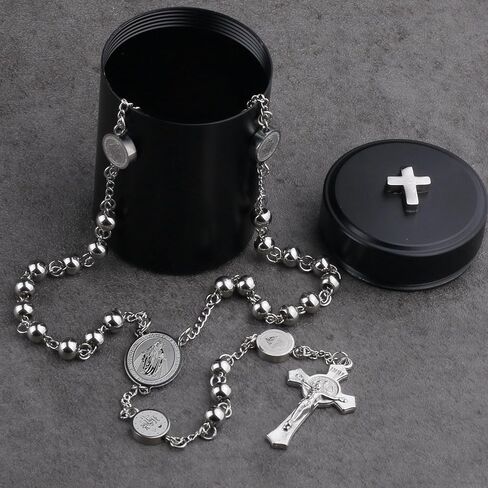 HanlinCC Stainless Steel Catholic Rosary Necklace with Gift Box with Saint Benedict Saint Michael Miraculous medal for Men and Women in Kuwait