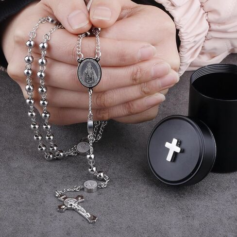 HanlinCC Stainless Steel Catholic Rosary Necklace with Gift Box with Saint Benedict Saint Michael Miraculous medal for Men and Women in Kuwait
