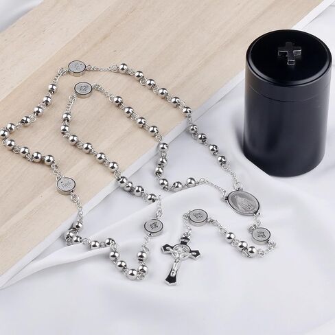 HanlinCC Stainless Steel Catholic Rosary Necklace with Gift Box with Saint Benedict Saint Michael Miraculous medal for Men and Women in Kuwait