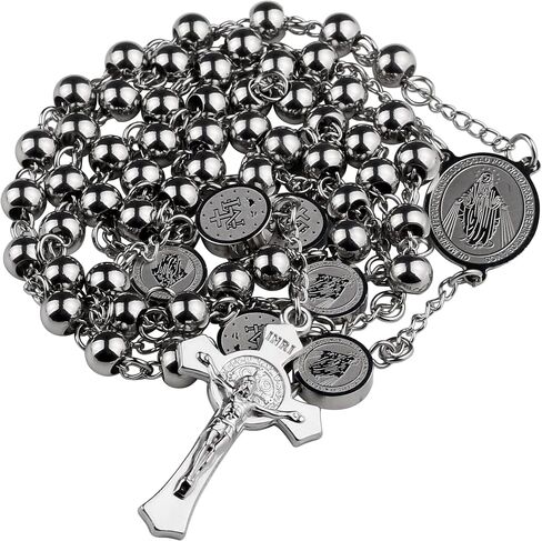 HanlinCC Stainless Steel Catholic Rosary Necklace with Gift Box with Saint Benedict Saint Michael Miraculous medal for Men and Women in Kuwait