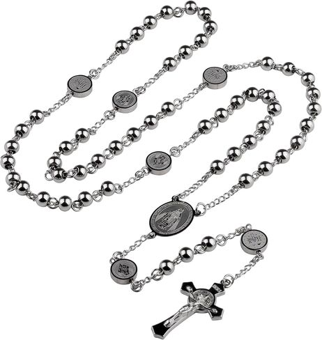 HanlinCC Stainless Steel Catholic Rosary Necklace with Gift Box with Saint Benedict Saint Michael Miraculous medal for Men and Women in Kuwait