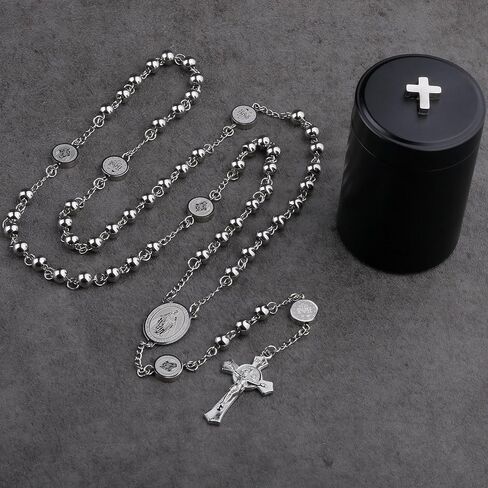 HanlinCC Stainless Steel Catholic Rosary Necklace with Gift Box with Saint Benedict Saint Michael Miraculous medal for Men and Women in Kuwait
