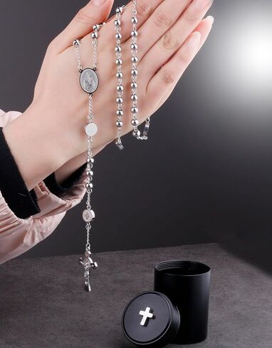 HanlinCC Stainless Steel Catholic Rosary Necklace with Gift Box with Saint Benedict Saint Michael Miraculous medal for Men and Women in Kuwait