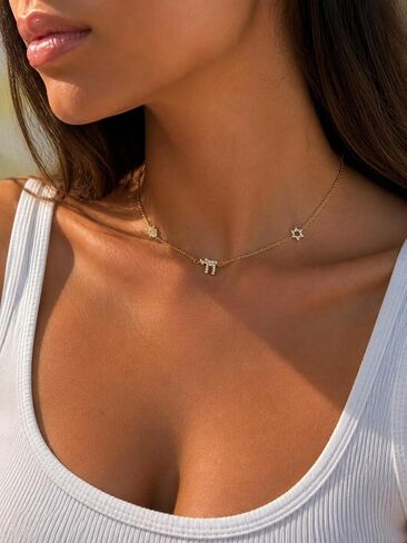 Made in Israel 14K Gold Plated Star of David Chai Hamsa Choker CZ Necklace – Jewish Blessing Pendant for Women, Gold Color, Gift For Bat Mitzva Blessing in Saudi Arabia