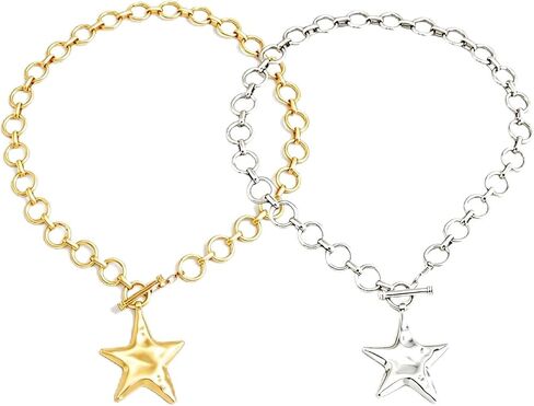 2 Pcs Chunky Star Necklace Set for Women (Gold & Silver), Large Starfish Pendant, Thick Chain OT Toggle Jewelry, Celestial Charm Accessories in Saudi Arabia