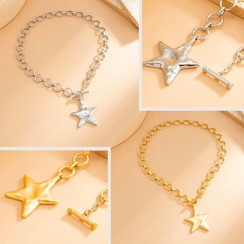 2 Pcs Chunky Star Necklace Set for Women (Gold & Silver), Large Starfish Pendant, Thick Chain OT Toggle Jewelry, Celestial Charm Accessories in Saudi Arabia