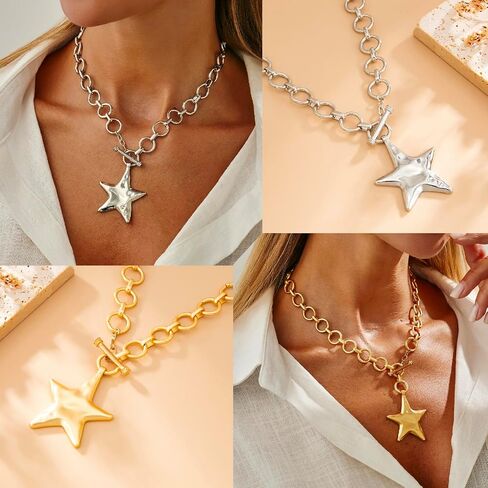 2 Pcs Chunky Star Necklace Set for Women (Gold & Silver), Large Starfish Pendant, Thick Chain OT Toggle Jewelry, Celestial Charm Accessories in Saudi Arabia