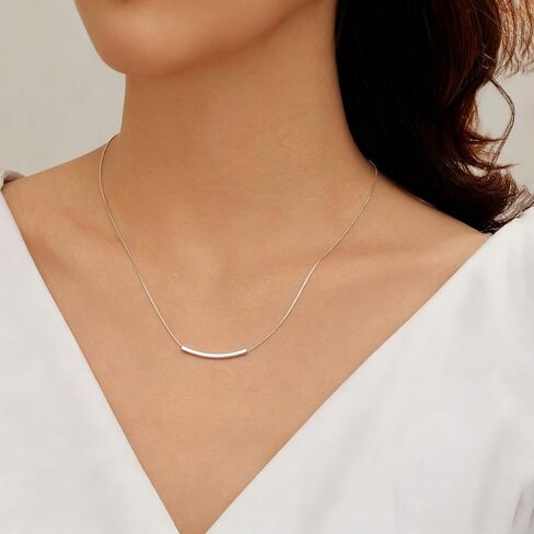 925 Sterling Silver Curved Tube Bar Necklace for Women Minimalist Layering Choker Dainty Balance Pendant Jewelry Hypoallergenic Everyday Wear Mothers Day Gift Mom Wife Friend in Kuwait