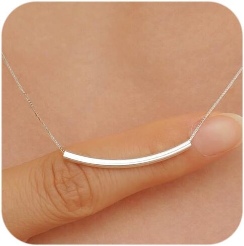 925 Sterling Silver Curved Tube Bar Necklace for Women Minimalist Layering Choker Dainty Balance Pendant Jewelry Hypoallergenic Everyday Wear Mothers Day Gift Mom Wife Friend in Kuwait