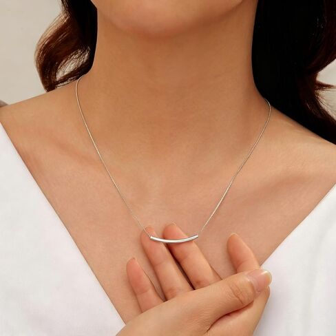 925 Sterling Silver Curved Tube Bar Necklace for Women Minimalist Layering Choker Dainty Balance Pendant Jewelry Hypoallergenic Everyday Wear Mothers Day Gift Mom Wife Friend in Kuwait