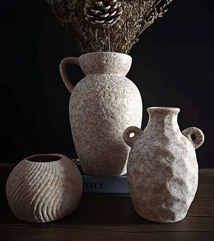 Medieval Minimalist Romantic Style Vase Set of 3，Ceramic Flower Vases Decor for Home Table Shelf Living Room Bed Room Kitchen Office Gift-Beige in Saudi Arabia