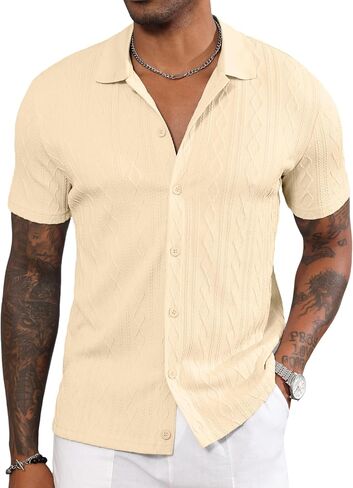 Men's Casual Button Down Shirt Short Sleeve Knit Polo Shirts Trending Fashion Summer Beach Vacation Clothes in Saudi Arabia