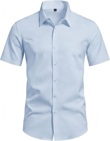 Mens Muscle Fit Short Sleeve Button Down Dress Shirt Stretch Cotton Business Casual Summer Office Wear in Saudi Arabia
