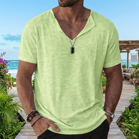Men's Cotton Linen Short Sleeve T Shirt Classic V Neck T-Shirt Casual Summer Basic Tee Loose Fit Shirt in Kuwait