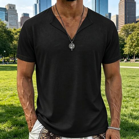 Men's Cotton Linen Short Sleeve T Shirt Classic V Neck T-Shirt Casual Summer Basic Tee Loose Fit Shirt in Kuwait
