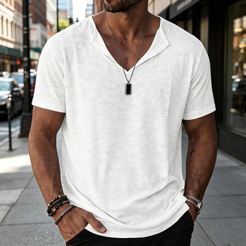 Men's Cotton Linen Short Sleeve T Shirt Classic V Neck T-Shirt Casual Summer Basic Tee Loose Fit Shirt in Kuwait