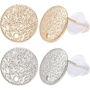 Beebeecraft 32Pcs 2 Colors Flat Round Earring Findings 18K Gold & Platinum Plated Frosted Surface Round Earring Post with Hole and 40Pcs Plastic Ear Nuts for Earring Jewelry Making