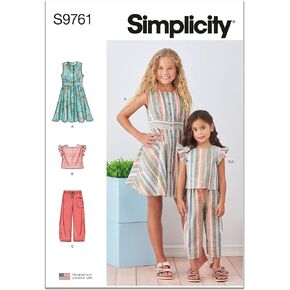 Simplicity Children's and Girls' Dress, Crop Top and Pull-on Pants Sewing Pattern Packet, Code S9761, Sizes 7-8-10-12-14, Multicolor