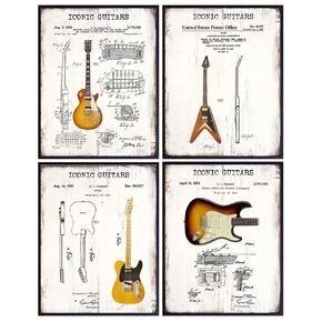 Guitar Wall Art - Iconic Vintage - Patent Print Poster Set- Gift for Music Fan, Musician, Guitar Player, Men - Room Decor for Teens Bedroom -8x10 Set