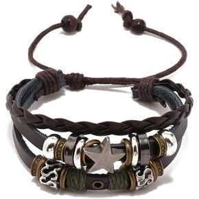 PEAS Punk Jewelry Alloy Bead Star Wristband Braided Multi Layer Pu Leather Drawstring Rope Bracelet in Kuwait