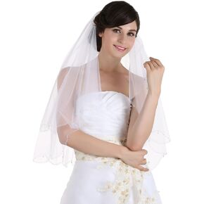 SAMKY 2T 2 Tier Scallop Edge Dangle Crystal Beaded Bridal Wedding Veil
