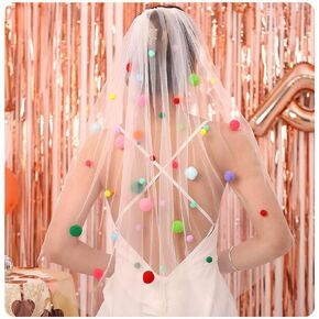 Ursumy Bachelorette Veil Final Fiesta Wedding Veil Colorful Pom Short Sparkle Veils 2 Tier Tulle Bridal Veils