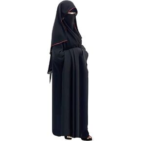 Saudi Chiffon First Class Quality Long Saudi Niqab Burqa Hijab Face Cover Veil Islam Islamic Jilbab (Black x Dark Red Satin)