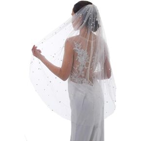 Pearl Wedding Veils Flower Cathedral Bridal Veil 118’’ Veils for Brides 1 Tier Fingertip Length Veil Hair Comb