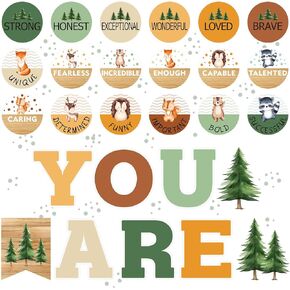 27 Pcs Classroom Affirmation Station Bulletin Board Set Positive Bulletin Board Decorations Woodland Tree Animal Motivational Posters for Classroom Decors with 100 Adhesive Dots for School