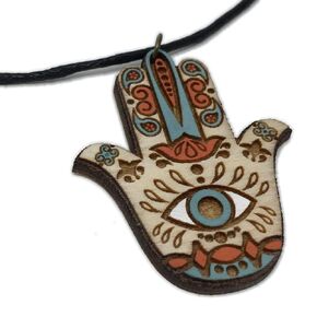 Boho Chic Hamsa Choker Necklace | Hand of Fatima Natural Wood Pendant Jewelry