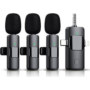 3 in 1 Wireless Lavalier Microphone for iPhone, iPad, Android, Camera,12-Hour Battery, mini Noise Reduction Recording Mic 2.4G Ultra-Low Delay, Microphone for Vlog/ TikTok/YouTube Live Stream(3 Mic)
