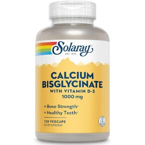 Solaray Calcium Bisglycinate 1000mg with Vitamin D-3, Chelated Calcium Supplement for Bone Strength and Healthy Teeth Support, Enhanced Absorption and Easy to Digest, 30 Servings, 120 VegCaps
