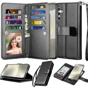 NJJEX Galaxy S24 Case, for Samsung Galaxy S24 Wallet Case, [9 Card Slots] PU Leather ID Credit Holder Folio Flip [Detachable] Kickstand Magnetic Phone Cover & Lanyard for Samsung S24 [Black]