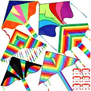 6 Pcs Large Kites for Adults Kids with 6 Pcs 109 Yard Flying Lines, Rainbow Beach Kite Easy to Fly Toddler Kite Classic Kite for Beginners Ages 4-12 Park Outdoor Game Activities, 6 Styles